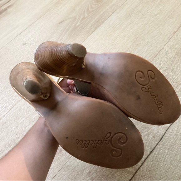 Seychelles Tan Leather Slingback Peep Toe Heels - Picture 7 of 9